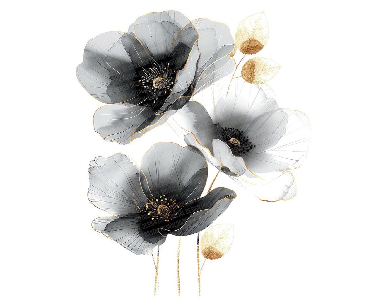 Black and White Flower Clipart, 12x Watercolor Floral Clip Art Set