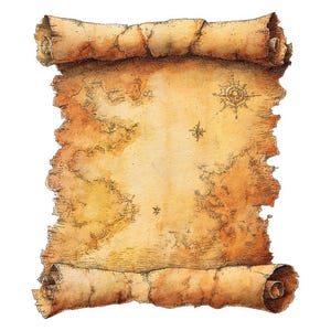 Może przedstawiać: Akwarelowa ilustracja zabytkowej mapy skarbów. Mapa jest zwinięta u góry i u dołu, ze szczegółowym projektem lądu i morza. Róża wiatrów i gwiazda oznaczają kluczowe lokalizacje. Papier ma wygląd postarzanego.