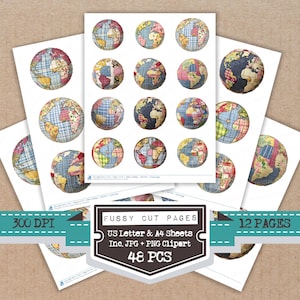 May include: Sheets of paper with colorful globe designs. Each globe features a patchwork pattern of various colors and textures. The text "FUSSY CUT PAGES" and "US Letter & A4 Sheets" is visible. The image also includes the text "300 DPI", "12 PAGES", and "48 PCS".