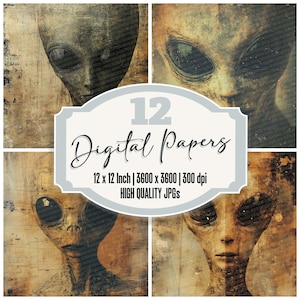 May include: A set of 12 digital papers featuring a vintage, distressed look with images of alien faces. The papers are 12 inches by 12 inches and have a resolution of 3600 by 3600 pixels at 300 dpi.