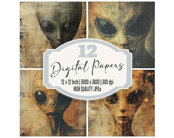 12x Vintage Alien Portrait Junk Journal Paper Retro Sci-Fi Digital Paper Pack Distressed Texture High Quality JPGs Scrapbook Backgrounds