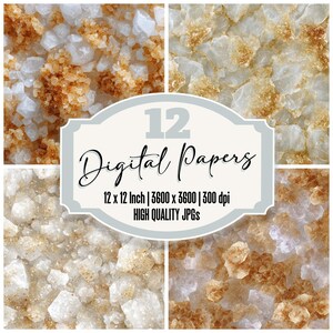 May include: A collage of four digital paper designs featuring a textured appearance with white and brown tones. The image includes the text "12 Digital Papers" and details about the paper size and resolution.