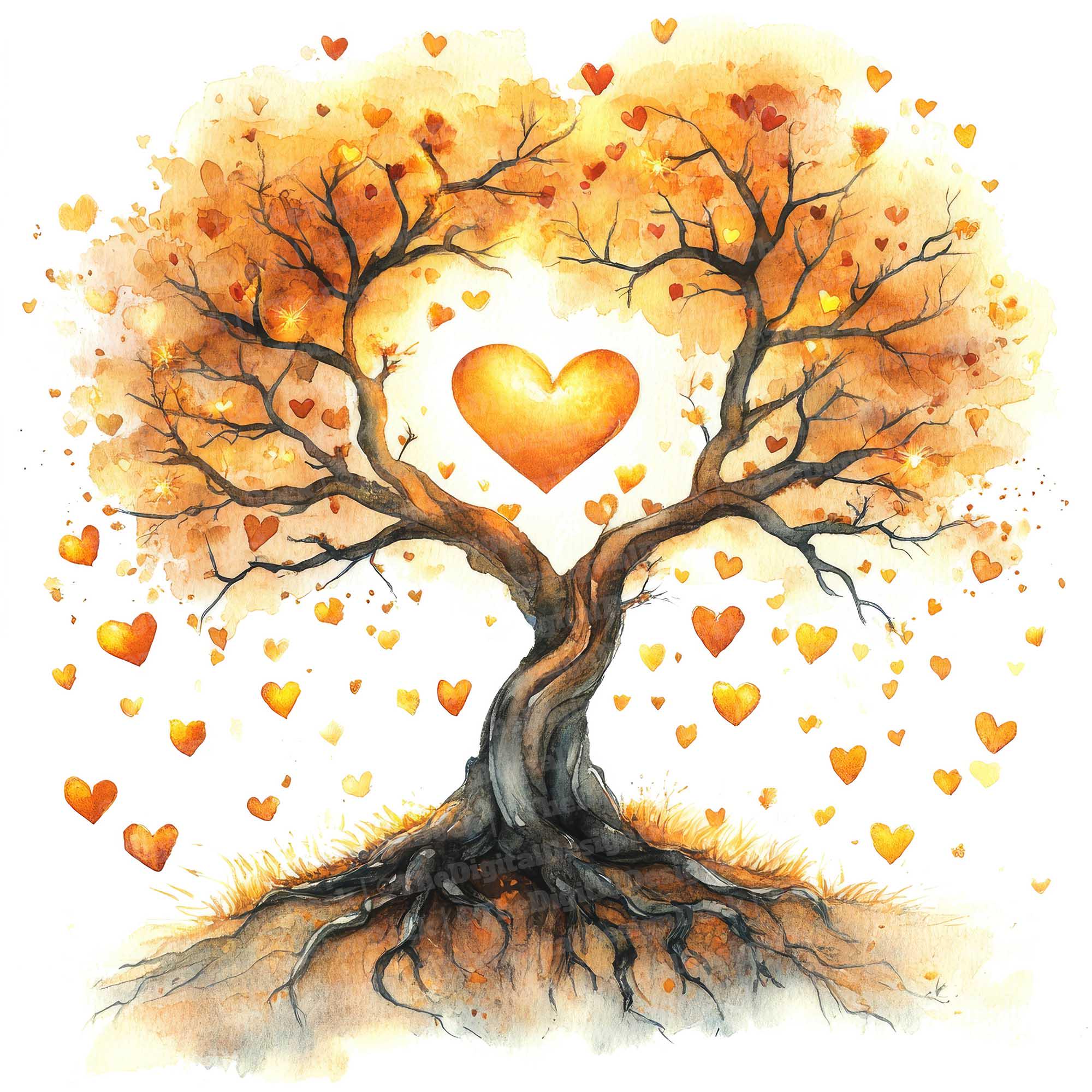 Fall Tree Heart Vector 12 Heart Tree Clipart, Watercolor Autumn Tree With Falling Hearts ...