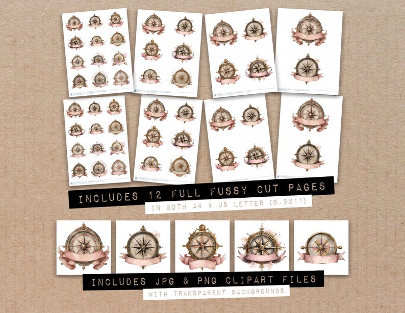 Vintage Compass Banner Fussy Cut Sheets, 12x Printable Pages, Junk ...