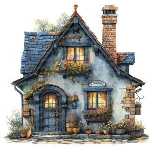 Cottage House Clipart, 12 JPGs, Country Cottage Clipart, Printable Watercolor Clipart, Paper Crafts, Digital Download, Junk Journals