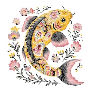Peut inclure: Illustration décorative d'une carpe koï avec un corps jaune et des détails noirs, roses et floraux. Le poisson est entouré de fleurs roses et jaunes et de tiges noires sur fond blanc.