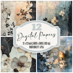 May include: A set of 12 digital papers featuring abstract floral designs in shades of blue, grey, and gold. The papers are 12 inches by 12 inches and 300 dpi.