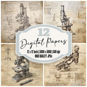 Puede incluir: Doce papeles digitales con ilustraciones vintage de microscopios. Cada papel mide 30,48 cm por 30,48 cm y tiene una resolución de 3600 x 3600 píxeles a 300 ppp. Los papeles son JPG de alta calidad.