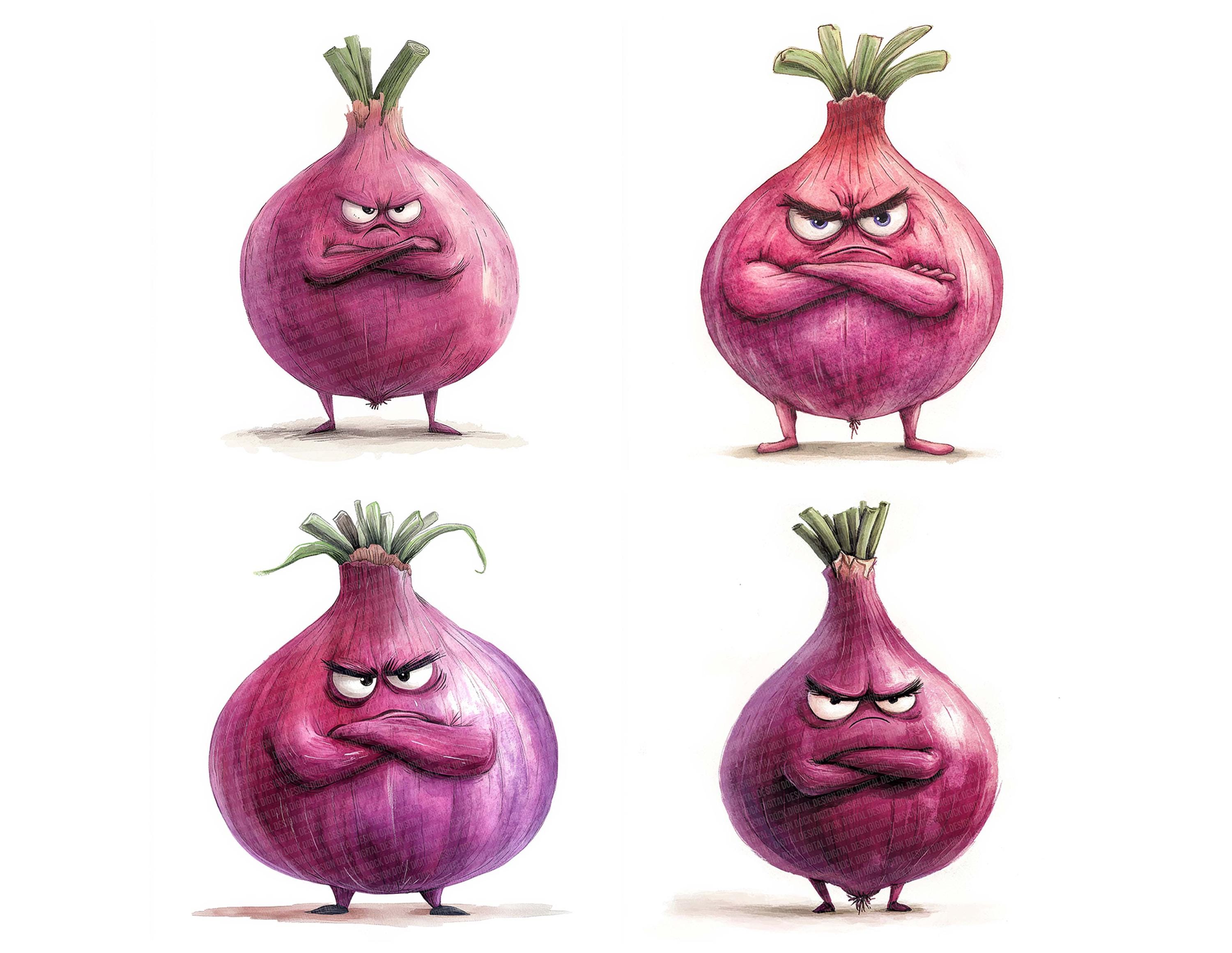 怒った玉ねぎの水彩画PNGクリップアート、12個の面白い野菜