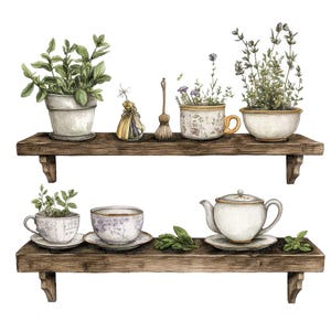 Clipart PNG di mensola per erbe aromatiche e tazze da tè, set di 12 clipart vintage di piante e tazze da tè, clipart acquerello stampabile, download digitale, lavoretti di carta