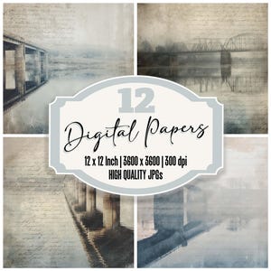 May include: A digital paper set featuring four landscape images with bridges and architecture. The images have a vintage, muted color palette. The text on the image reads "12 Digital Papers, 12 x 12 Inch | 3600 x 3600 | 300 dpi, HIGH QUALITY JPGs."