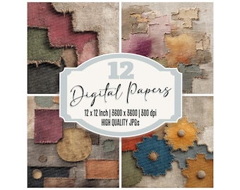 12x Burlap Applique Junk Journal Paper Fabric Patch Digital Paper Pack Rustic Texture Scrapbook Backgrounds Printable Ephemera JPGs