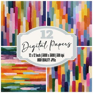 May include: A collection of 12 digital papers with colorful abstract designs. Each paper features vertical brushstroke patterns in various colors, including orange, pink, purple, and yellow. The image includes text that reads "12 Digital Papers" and "12 x 12 Inch | 3600 x 3600 | 300 dpi HIGH QUALITY JPGs."