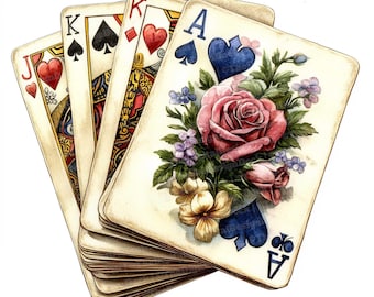 12 Playing Card Clipart, Floral Playing Cards Clipart, Printable Watercolor Clipart, Paper Crafts, Wall Art, Digital Download, Junk Journals