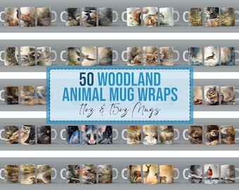 50x Watercolor Woodland Creatures PNG Mug Wraps for 11oz 15oz Sublimation Mug Bulk Bundle Downloads PNG Design Digital Mega Custom Design