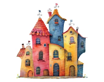 Whimsical House Clipart, 12x Colorful Cottage Clip Art Set, Printable Watercolor Clip Art, Digital Download, Transparent PNG, Paper Crafts