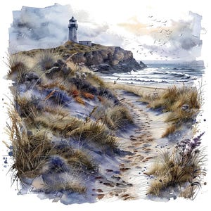 Clipart PNG del faro, set di 12 clipart del sentiero sulla spiaggia delle dune di sabbia, clipart acquerello stampabile, download digitale, sfondo trasparente PNG