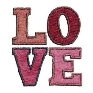 May include: Embroidered "LOVE" text in shades of red, pink, and brown. The letters are filled with textured stitching and outlined with a darker thread, creating a 3D effect. The design is set against a plain white background.