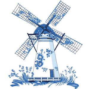 Puede incluir: Un molino de viento azul y blanco con dise&ntilde;os florales, sobre un fondo blanco. El molino de viento tiene cuatro aspas y una base cil&iacute;ndrica alta.