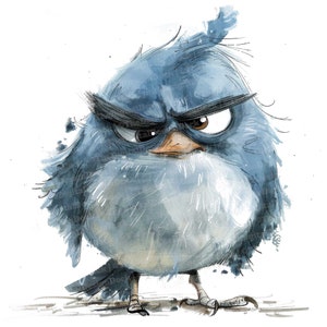 12x Grumpy Bird Clipart, Zeichentrickfigur Vogel Clipart, druckbare Aquarell Clipart, Wandkunst, Papierhandwerk, digitaler Download, Junk Journals
