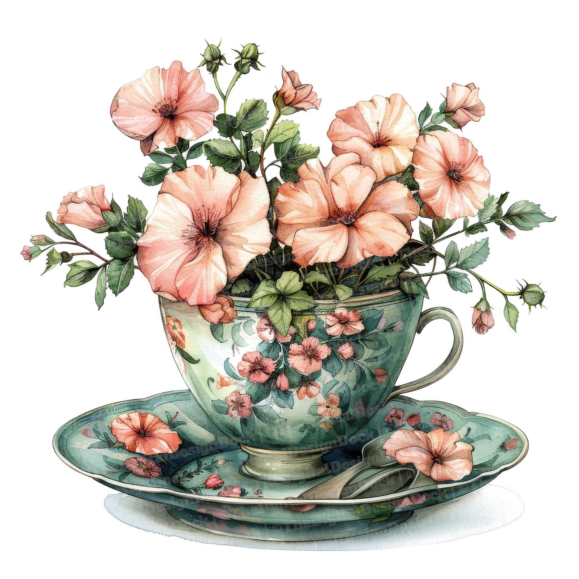 12 Floral Teacup Clipart, Watercolor Flower Clipart, Printable Watercolor Clipart, Paper Crafts, Wall Art, Digital Download, Junk Journals
