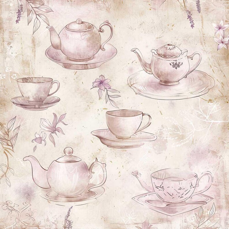12x Vintage Tea Set Junk Journal Paper, Floral Digital Paper Pack ...