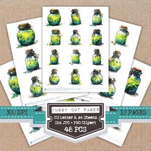 May include: Watercolor illustrations of potion bottles with cork stoppers and green liquid. The image includes multiple pages of fussy cut pages, US Letter & A4 sheets, and PNG clipart. The image also includes the text "300 DPI", "Fussy Cut Pages", "12 Pages", and "48 PCS".
