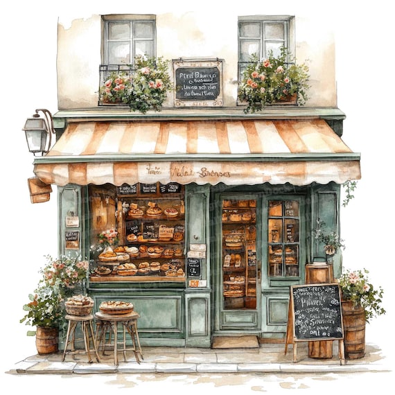 12 French Bakery Watercolor Clipart, Parisian Café Art, Printable Clipart, High Quality JPG, Digital Download, Paper Crafts, Junk Journals