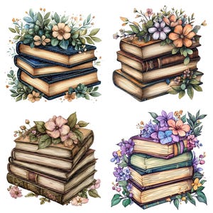 Floral Book Stack PNG Clip Art, 12x Books With Flowers Clipart Set ...