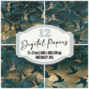 12x Etsning Swallows Junk Journal-papper Blågrönt, Kolgrönt, Digitalt Papperspaket, Pappersdecoupéer, Distressed Texture Scrapbook-papper, Digitalt