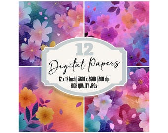 12x Rainbow Bloom Junk Journal Paper Floral Fusion Digital Paper Pack Colorful Watercolor Background Scrapbook Papier Découpés JPGs Download