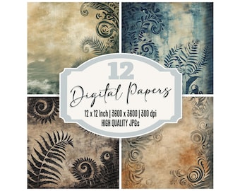 Paquete de 12 papeles digitales de helecho maorí vintage de Nueva Zelanda, archivos JPG de alta calidad, fondos para álbumes de recortes, páginas de diario imprimibles.