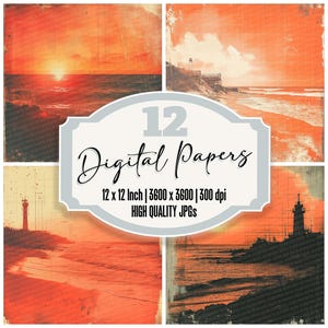 12x Island Signal Flare Junk Journal Paper Confezione di carta digitale Sfondi tramonto sull'oceano JPG di alta qualità Carta per scrapbooking Stampabile Scarica