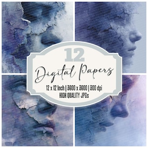 12x visage fragmenté papier journal indésirable émotion engourdie paquet de papier numérique texture fissurée JPG haute qualité téléchargement de scrapbooking