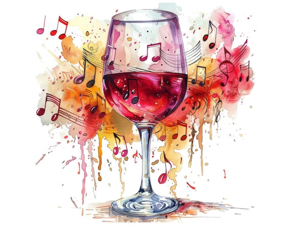 ワイングラスのクリップアート、12個の音符の水彩画セット、音楽と