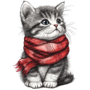 かわいい冬の猫のクリップアート、スカーフを巻いた子猫の12個のPNGクリップアートセット、印刷可能な水彩クリップアート、デジタルダウンロード、スクラップブック、ペーパークラフト
