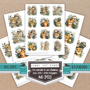 May include: Sheets of watercolor animal illustrations featuring tigers, sloths, and other jungle animals. The sheets are labeled "Fussy Cut Pages" and include "US Letter & A4 Sheets" with "48 PCS" and "12 PAGES". The image is 300 DPI.
