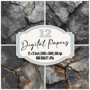 12x papier de journal indésirable volcanique, texture de fissure d'obsidienne, paquet de papier numérique, roche poussiéreuse, JPG de haute qualité, arrière-plans de scrapbooking