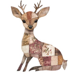 May include: A watercolour illustration of a deer in a seated pose. The deer's body is made of patchwork fabric in shades of brown, beige, and burgundy, with floral and geometric patterns. The deer has large, dark eyes and small antlers.