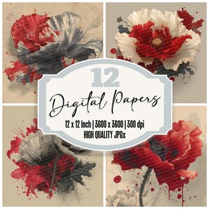 12x Crimson Poppy Junk Journal Paper Ink Melt Floral Digital Paper Pack Expressive Texture High Quality JPGs Scrapbook Paper