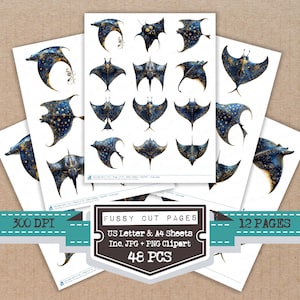May include: Sheets of paper featuring illustrations of manta rays in various poses. The rays are primarily dark blue with gold accents and a speckled pattern. The image includes text that reads "Fussy Cut Pages", "US Letter & A4 Sheets", and "48 PCS".
