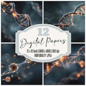 Op de afbeelding: Een digitale kunstprint met een wetenschappelijk thema, met een DNA-streng en een neuron met oranje en gele highlights tegen een donkergrijze achtergrond. De tekst luidt "12 Digital Papers, 12 x 12 Inch | 3600 x 3600 | 300 dpi, HIGH QUALITY JPGs."