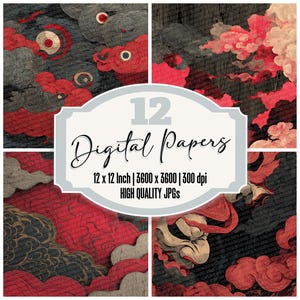 Paquete de 12 papeles digitales Ukiyoe Kabuki Junk Journal con textura de grano de bloque de nube, archivos JPG de alta calidad, papel para álbum de recortes, descarga digital