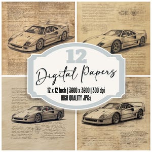 12x Supercar Sketch Junk Journal Paper Pack de papier numérique vintage Arrière-plans imprimables JPG de haute qualité Papier de scrapbooking texturé vieilli