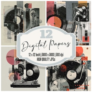 May include: A collage of four square digital papers featuring vintage record players and vinyl records. The design incorporates geometric shapes and a muted color palette of gray, red, and beige. Text reads "12 Digital Papers, 12 x 12 Inch, High Quality JPGs."