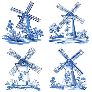 Puede incluir: Cuatro molinos de viento azules y blancos con detalles florales. Los molinos de viento est&aacute;n sobre un fondo blanco.