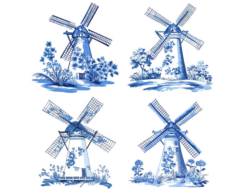 Puede incluir: Cuatro molinos de viento azules y blancos con detalles florales. Los molinos de viento est&aacute;n sobre un fondo blanco.