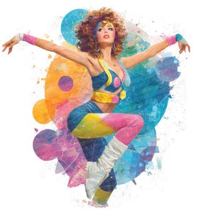 May include: A vibrant illustration of a dancer in 1980s attire. The dancer wears a blue and yellow leotard, pink and yellow leggings, and white leg warmers. The background features colorful abstract shapes in shades of blue, orange, and pink.
