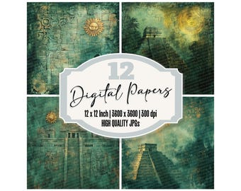 May include: A digital art collection featuring 12 ancient-themed papers. The papers showcase Mayan pyramids, sun symbols, and textured backgrounds in shades of teal and gold. The text reads "12 Digital Papers" and details the size and resolution.