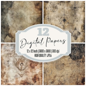 12x Alchemy Junk Journal Paper, Mystical Digital Paper Pack, Aged Occult Symbols, Distressed Parchment Texture, Esoteric Backgrounds JPGs